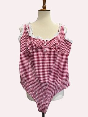 Free People Red Gingham Lace-Trim Bodysuit Top #310